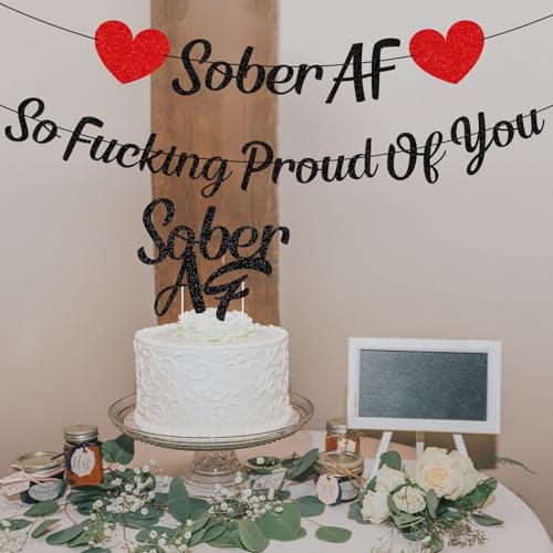 Rakuto Sobriety Party Banner & Cake Topper Set – Black Glitter, Pre-Assembled