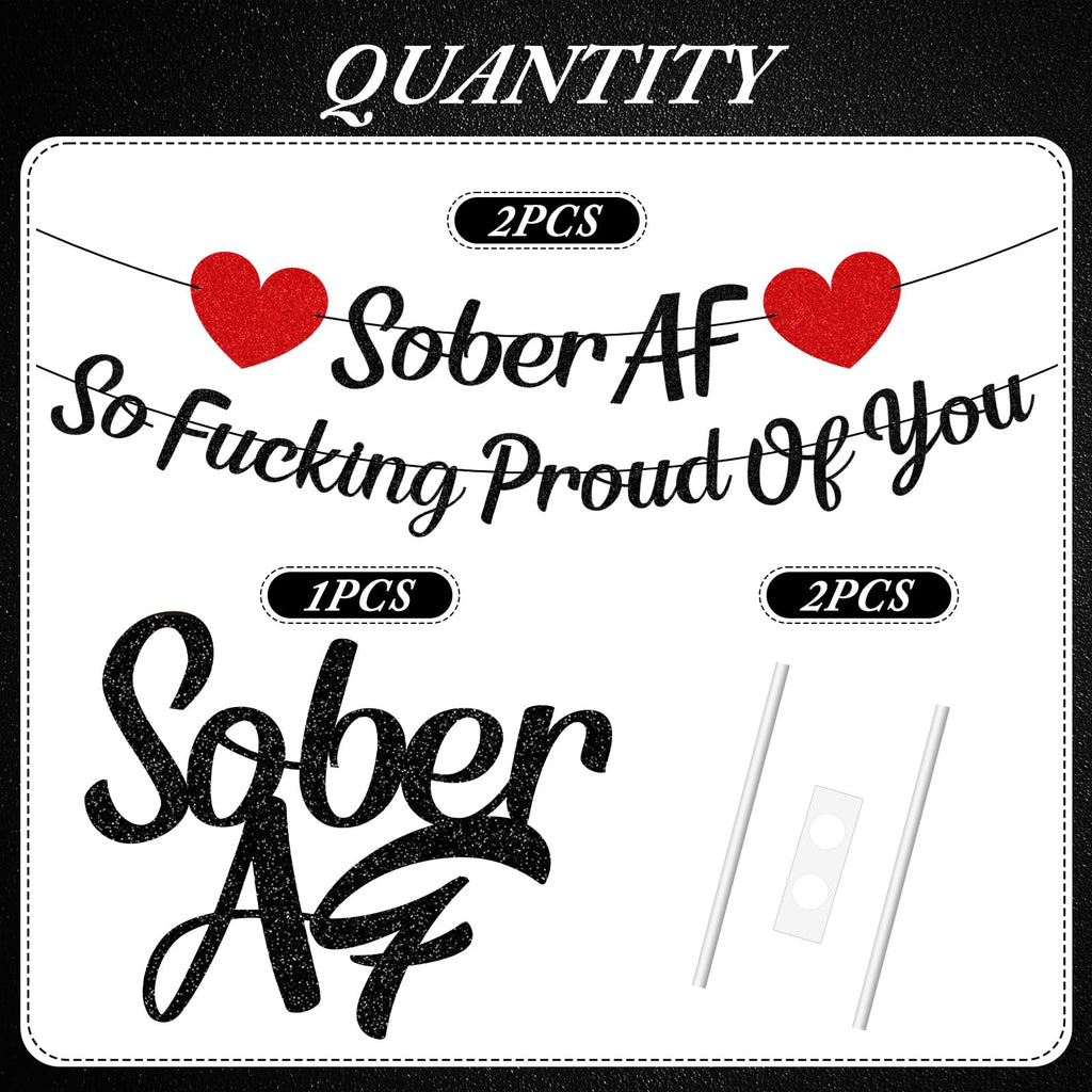 Rakuto Sobriety Party Banner & Cake Topper Set – Black Glitter, Pre-Assembled
