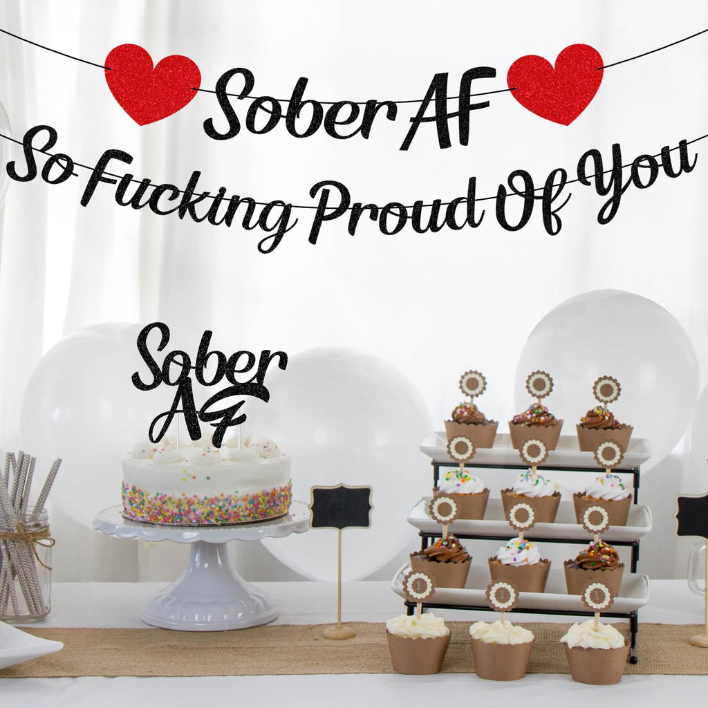 Rakuto Sobriety Party Banner & Cake Topper Set – Black Glitter, Pre-Assembled