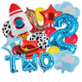 RANERVZ 17-Piece Toy Themed Birthday Balloon Set for 2nd Birthday – Includes Cowboy Hat, Rocket, Number 2, and More