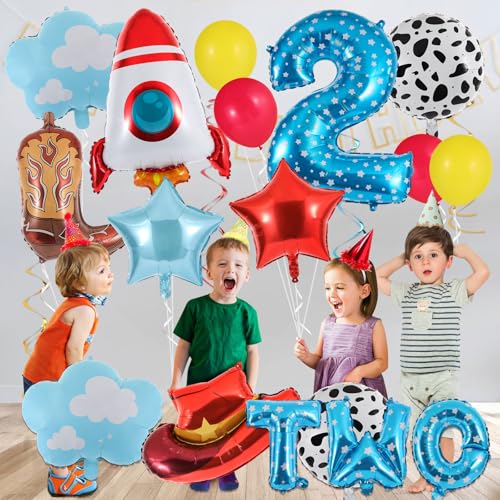 RANERVZ 17-Piece Toy Themed Birthday Balloon Set for 2nd Birthday – Includes Cowboy Hat, Rocket, Number 2, and More