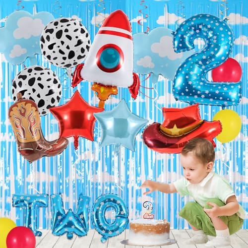 RANERVZ 17-Piece Toy Themed Birthday Balloon Set for 2nd Birthday – Includes Cowboy Hat, Rocket, Number 2, and More