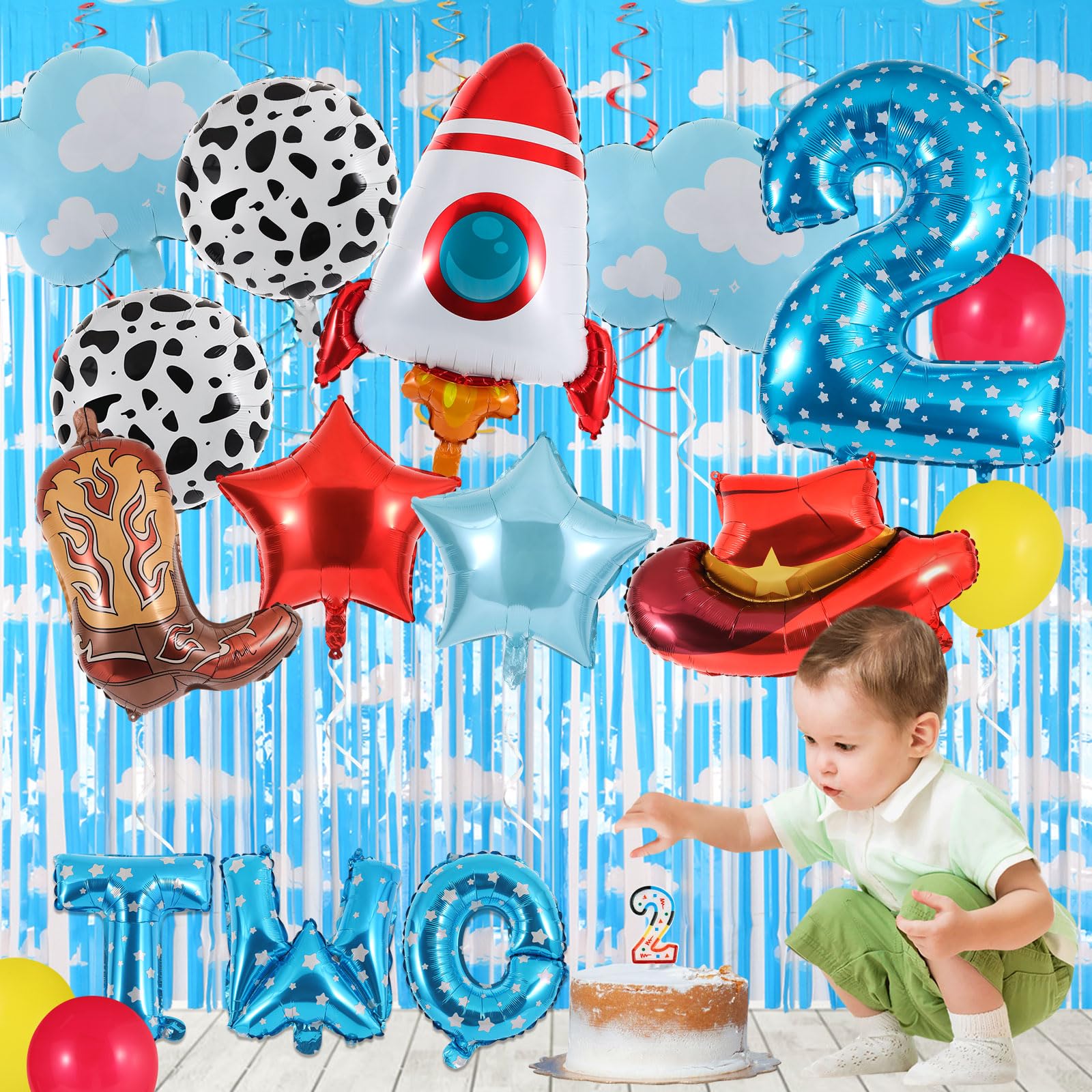 RANERVZ 17-Piece Toy Themed Birthday Balloon Set for 2nd Birthday – Includes Cowboy Hat, Rocket, Number 2, and More