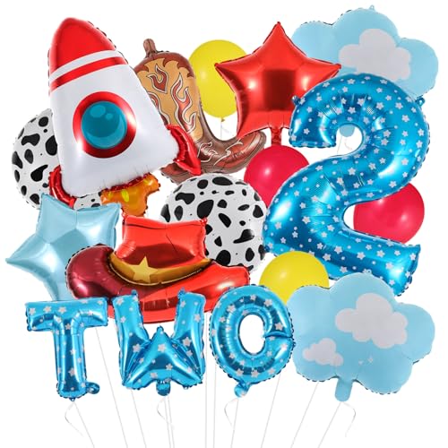 RANERVZ 17-Piece Toy Themed Birthday Balloon Set for 2nd Birthday – Includes Cowboy Hat, Rocket, Number 2, and More