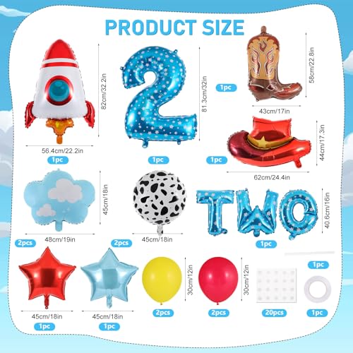 RANERVZ 17-Piece Toy Themed Birthday Balloon Set for 2nd Birthday – Includes Cowboy Hat, Rocket, Number 2, and More