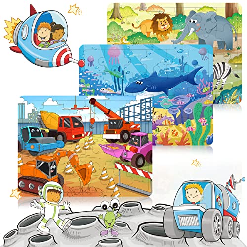 RANSUNN 6-Pack Wooden Puzzles for Kids Ages 3-5 – 24 Piece Jigsaw Puzzles (Under the Sea, Dinosaur, Safari, Insect, Transportation, Space)