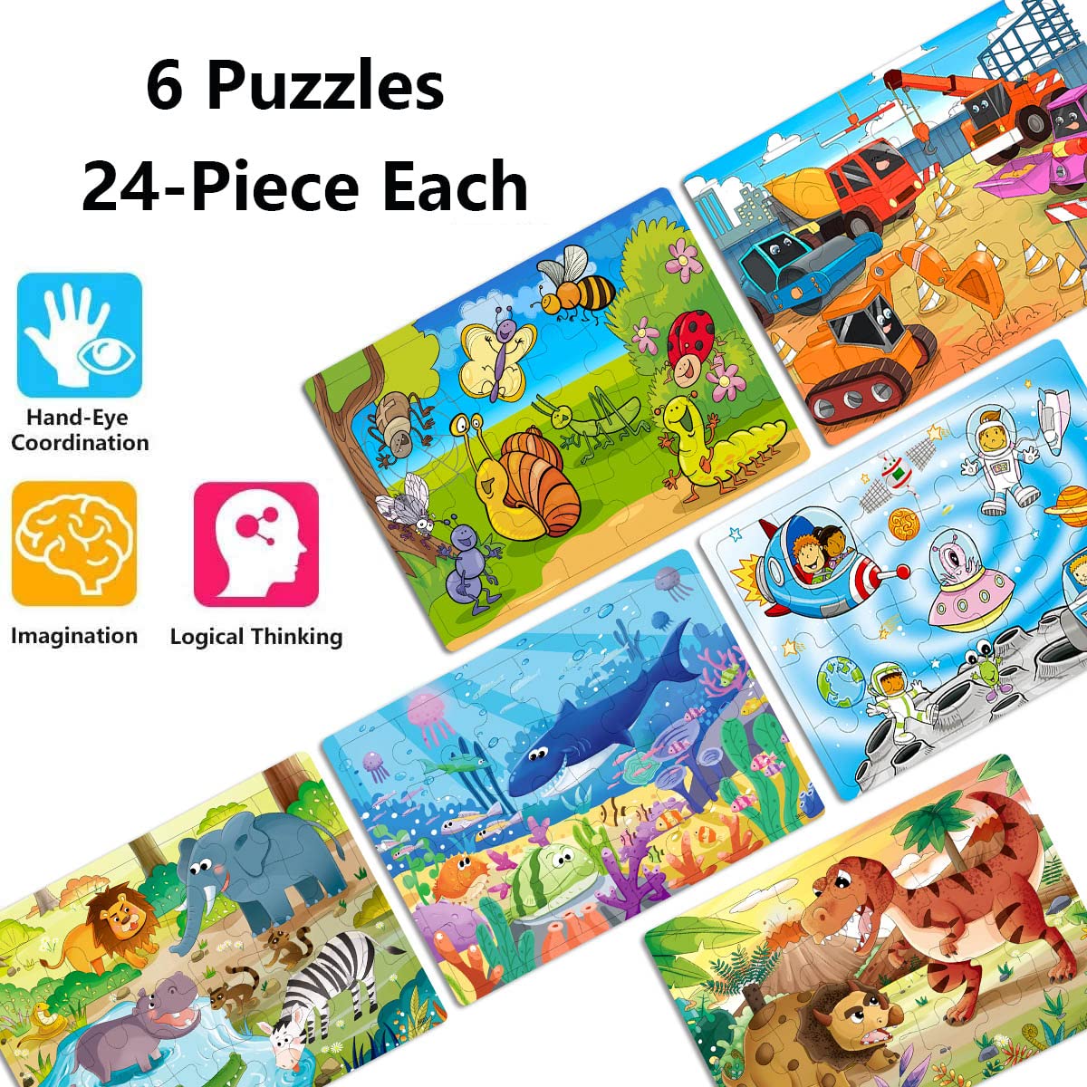 RANSUNN 6-Pack Wooden Puzzles for Kids Ages 3-5 – 24 Piece Jigsaw Puzzles (Under the Sea, Dinosaur, Safari, Insect, Transportation, Space)