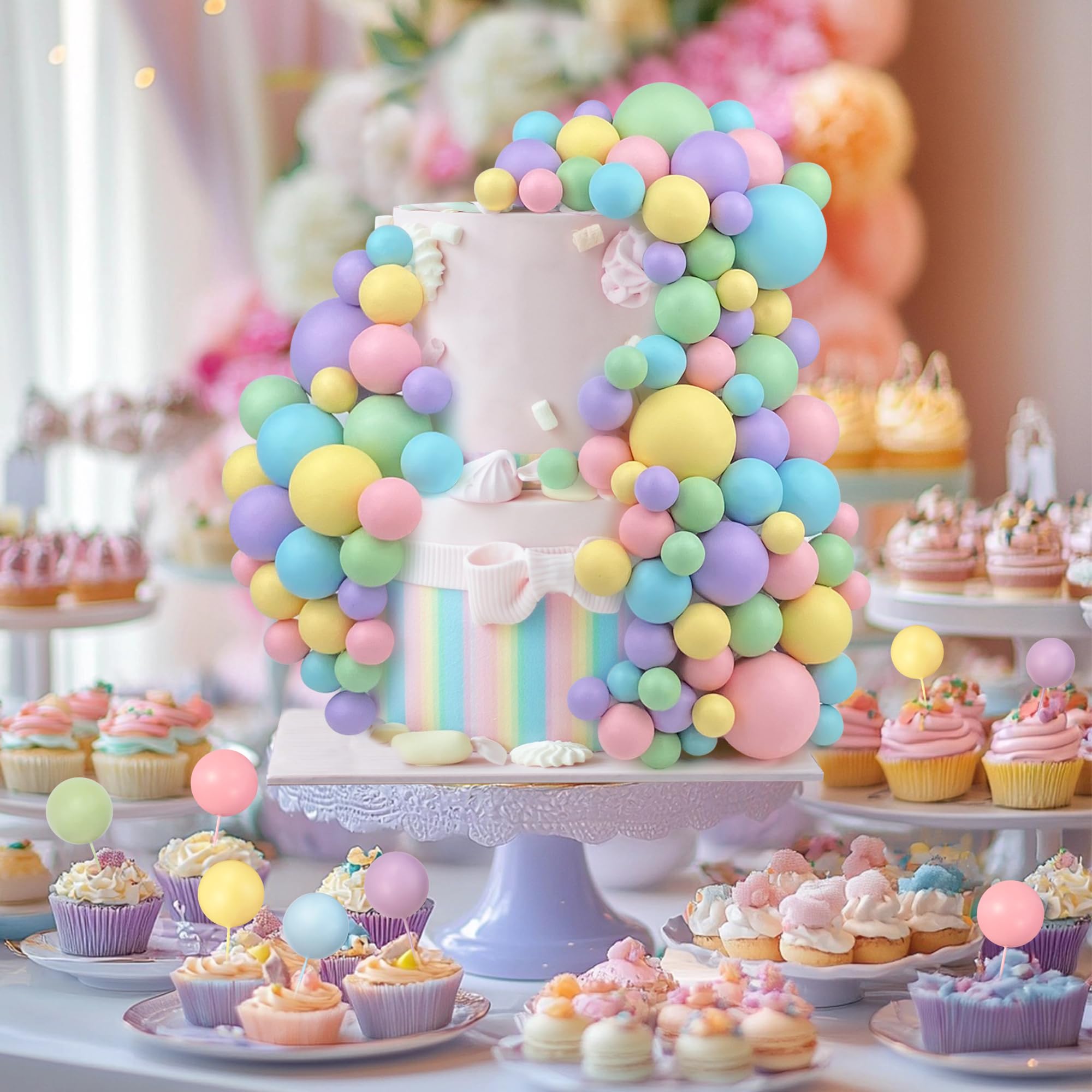 RASSLISA 113-Piece Colorful Ball Cake Picks - Pearl Cupcake Toppers for Parties