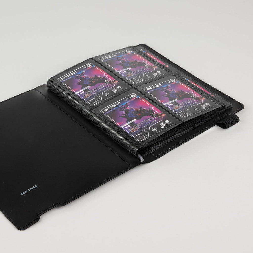Raw2Rare FlexBinder160 - 4 Pocket Trading Card Binder with 160 Slots, Side-Loading Sheets, Elastic Band, Black