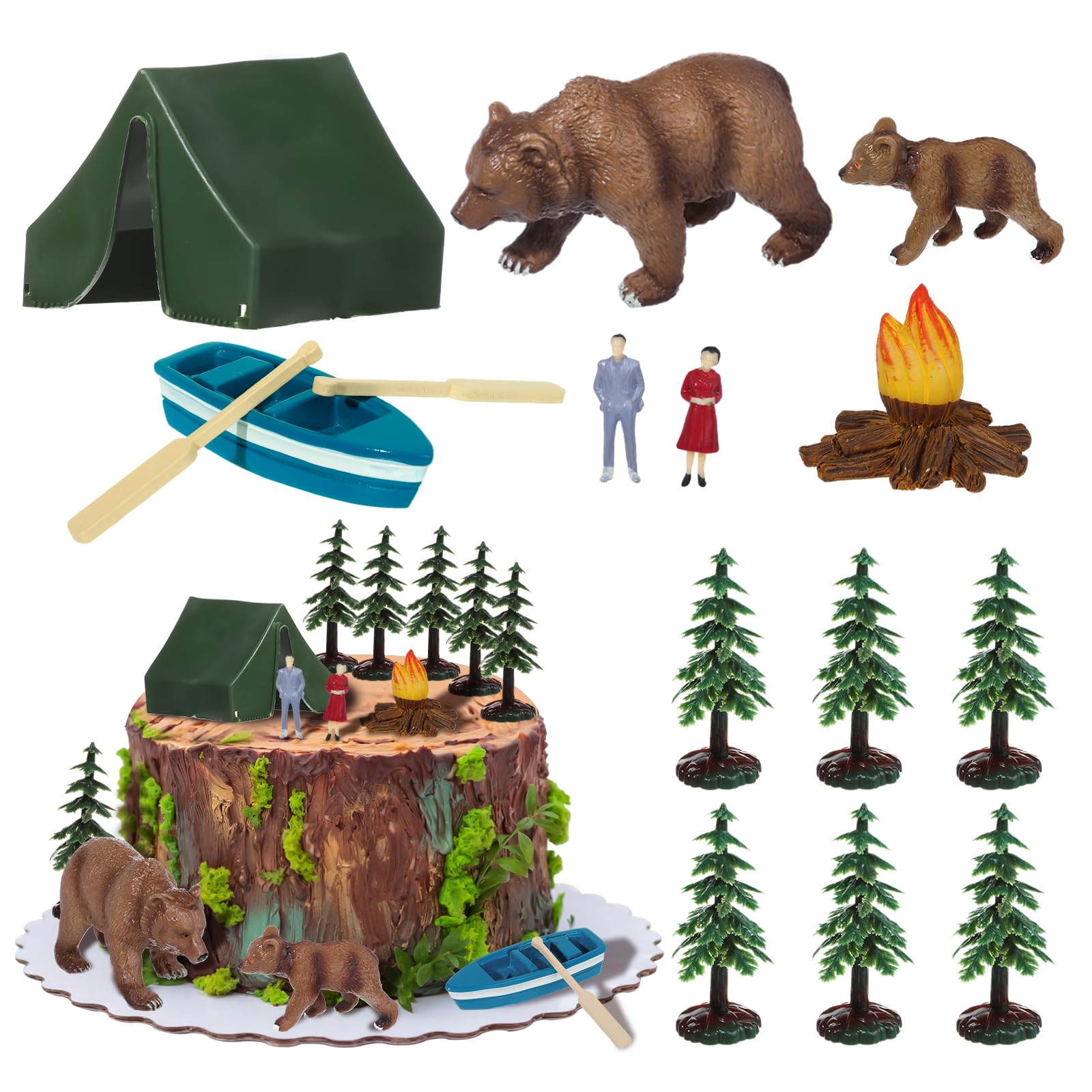 RAYNAG 13-Piece Camping Cake Topper Set with Tent, Trees, Bears, and Boat – Non-Edible Plastic Decorations for Forest Woodland Birthday Parties