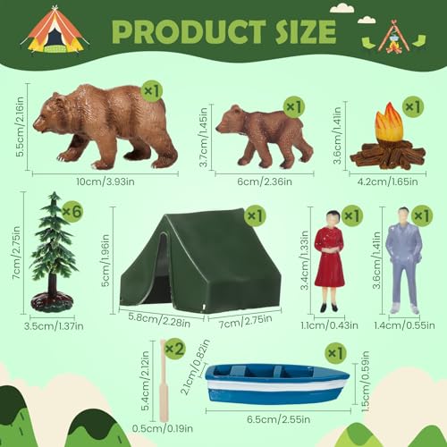 RAYNAG 13-Piece Camping Cake Topper Set with Tent, Trees, Bears, and Boat – Non-Edible Plastic Decorations for Forest Woodland Birthday Parties