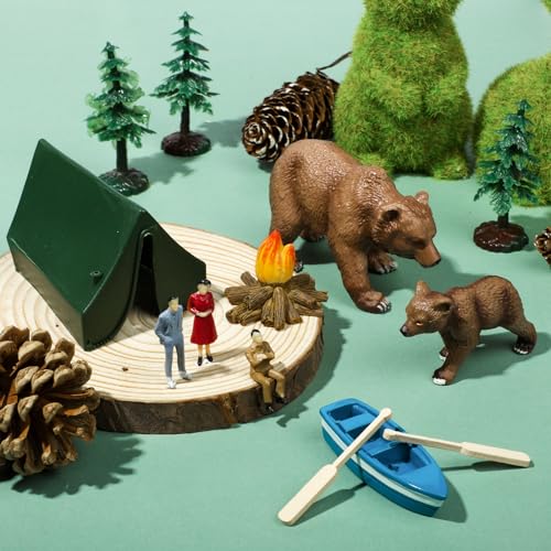RAYNAG 13-Piece Camping Cake Topper Set with Tent, Trees, Bears, and Boat – Non-Edible Plastic Decorations for Forest Woodland Birthday Parties