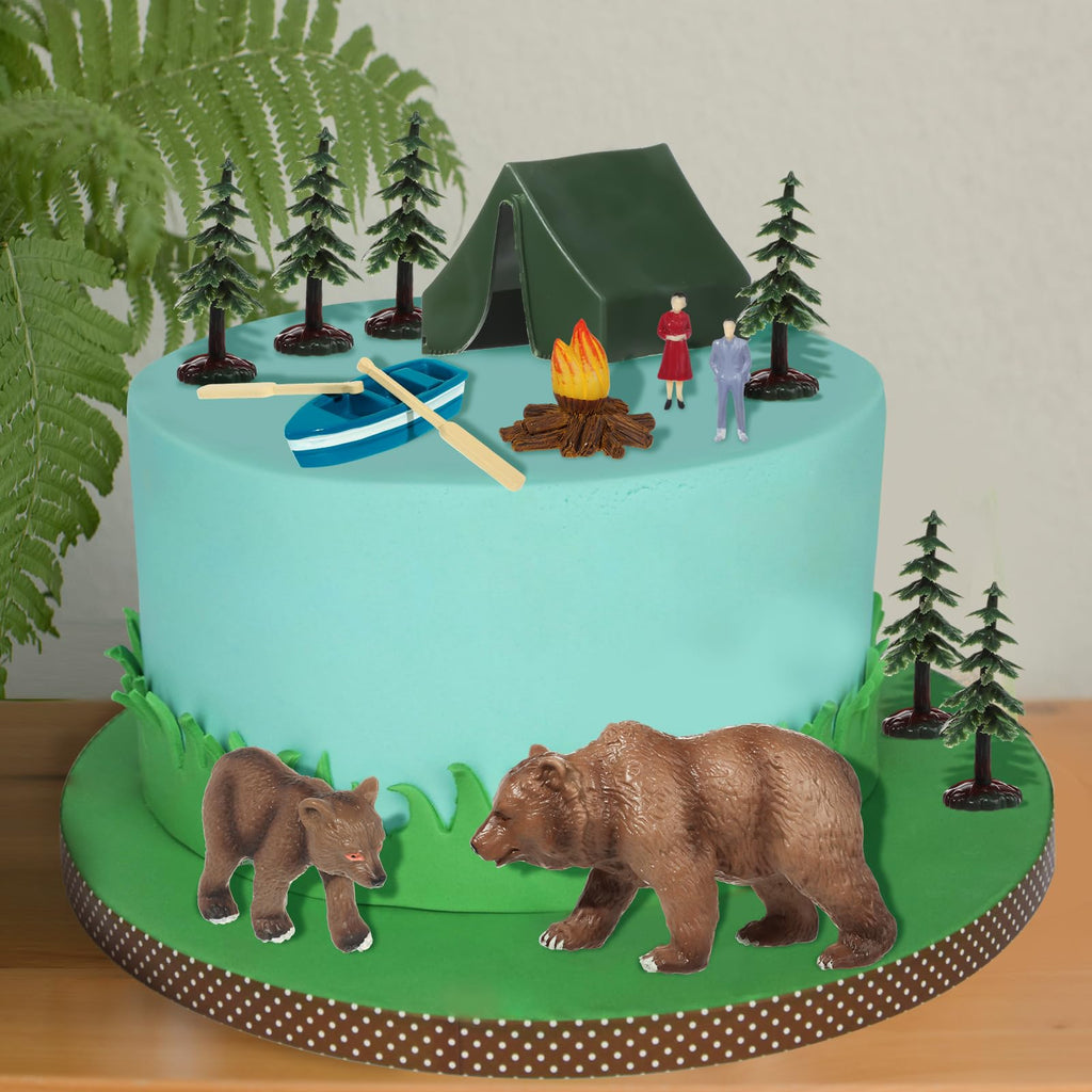 RAYNAG 13-Piece Camping Cake Topper Set with Tent, Trees, Bears, and Boat – Non-Edible Plastic Decorations for Forest Woodland Birthday Parties