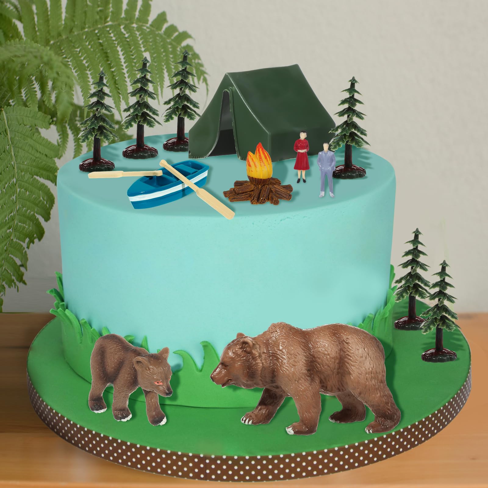 RAYNAG 13-Piece Camping Cake Topper Set with Tent, Trees, Bears, and Boat – Non-Edible Plastic Decorations for Forest Woodland Birthday Parties