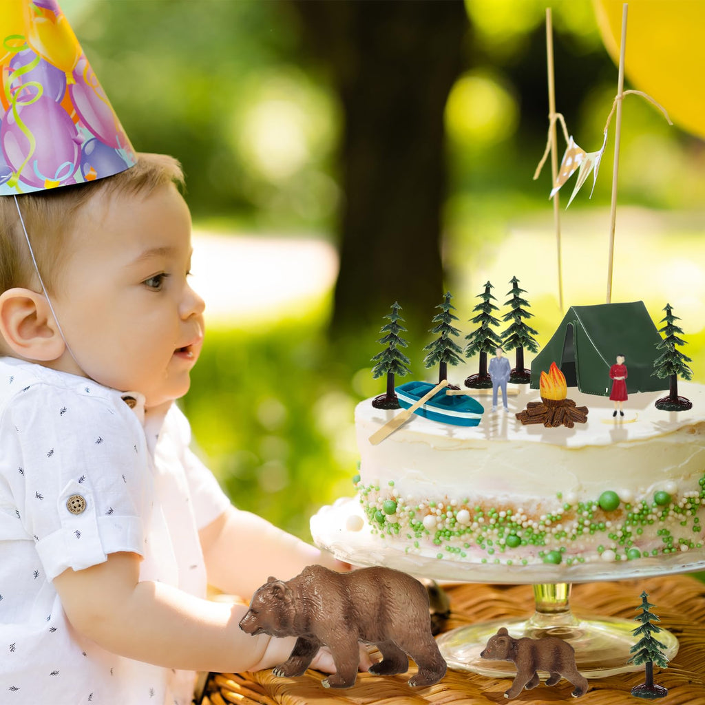 RAYNAG 13-Piece Camping Cake Topper Set with Tent, Trees, Bears, and Boat – Non-Edible Plastic Decorations for Forest Woodland Birthday Parties