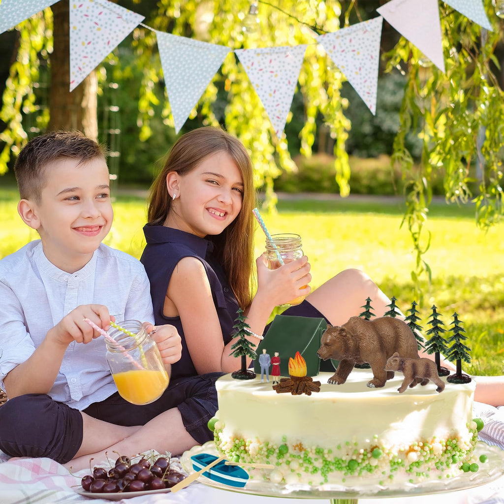 RAYNAG 13-Piece Camping Cake Topper Set with Tent, Trees, Bears, and Boat – Non-Edible Plastic Decorations for Forest Woodland Birthday Parties