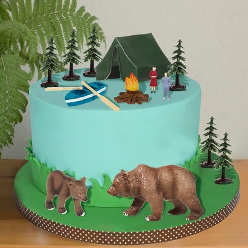 RAYNAG 13-Piece Camping Cake Topper Set with Tent, Trees, Bears, and Boat – Non-Edible Plastic Decorations for Forest Woodland Birthday Parties