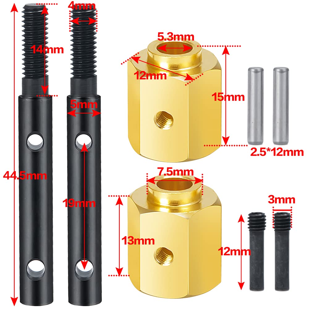 RCLIONS Brass Extended Wheel Hubs +13mm with Steel Stub Axle for Axial SCX10 III RC Crawler Upgrades