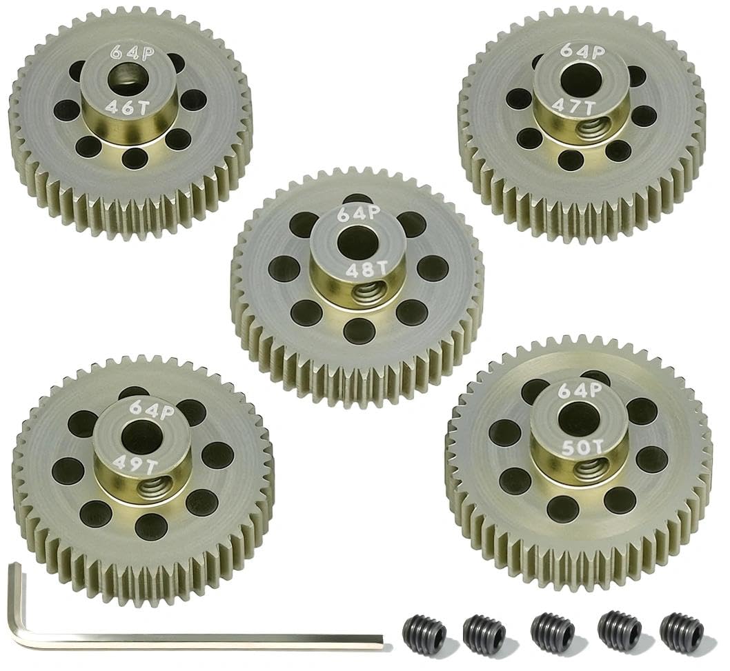RcThjia 5-Pack 64P Aluminum Pinion Gears (46T-50T) for 3.175mm Shaft - 1/10 RC Car Upgrade