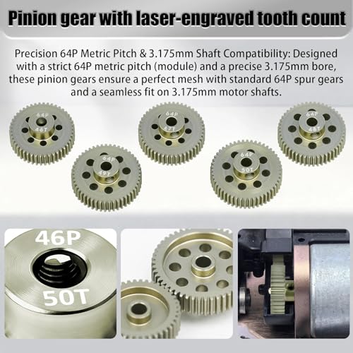 RcThjia 5-Pack 64P Aluminum Pinion Gears (46T-50T) for 3.175mm Shaft - 1/10 RC Car Upgrade