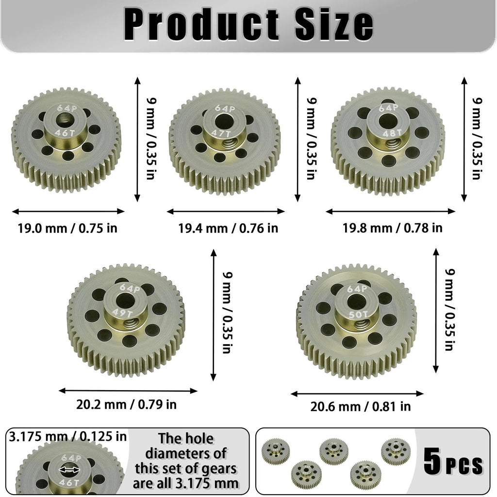 RcThjia 5-Pack 64P Aluminum Pinion Gears (46T-50T) for 3.175mm Shaft - 1/10 RC Car Upgrade