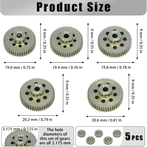 RcThjia 5-Pack 64P Aluminum Pinion Gears (46T-50T) for 3.175mm Shaft - 1/10 RC Car Upgrade