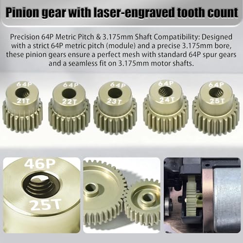 RcThjia 5-Piece 64P Aluminum Pinion Gear Set 21T-25T for 1/10 RC Cars – 3.175mm Shaft, Includes M4 Screws and Hex Key