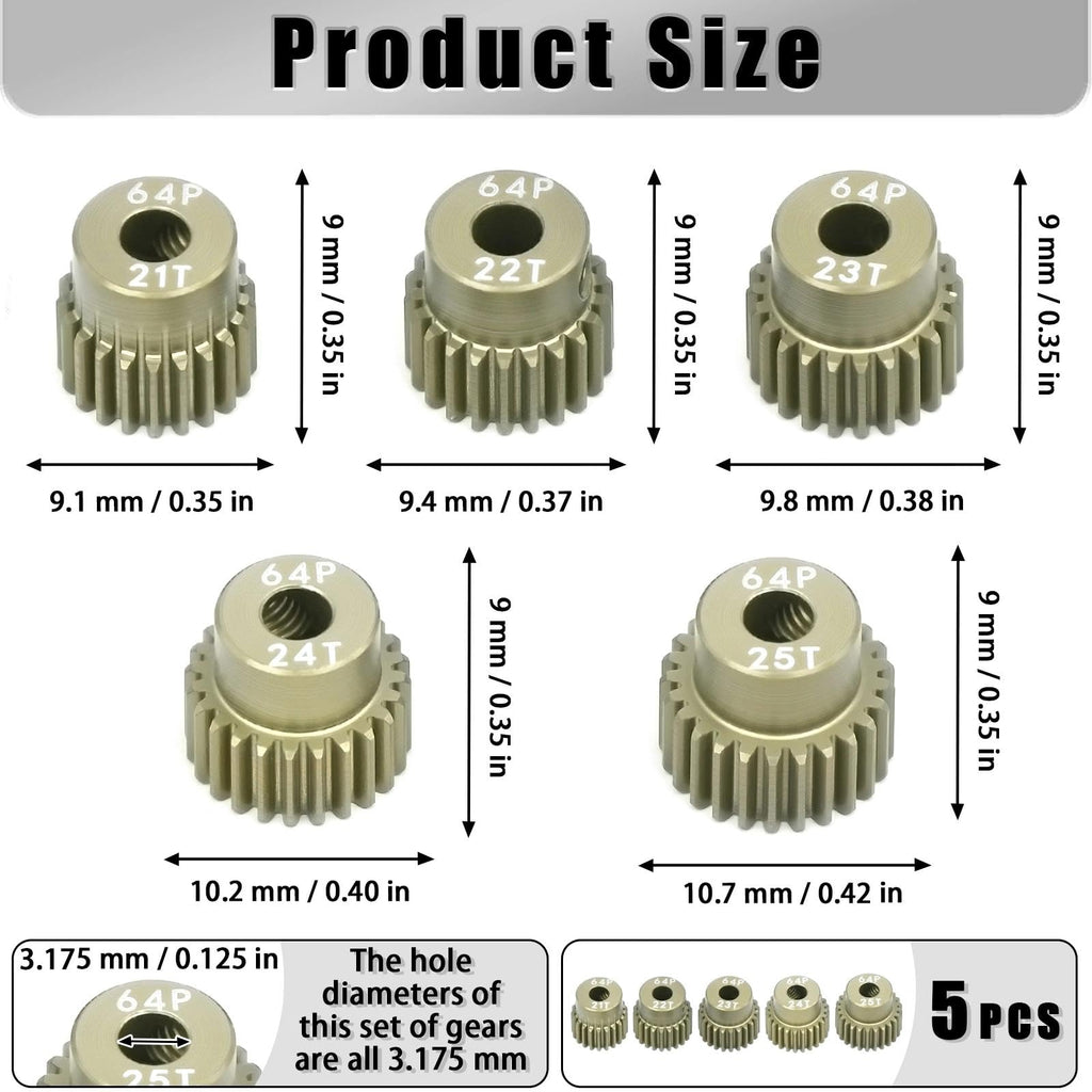 RcThjia 5-Piece 64P Aluminum Pinion Gear Set 21T-25T for 1/10 RC Cars – 3.175mm Shaft, Includes M4 Screws and Hex Key