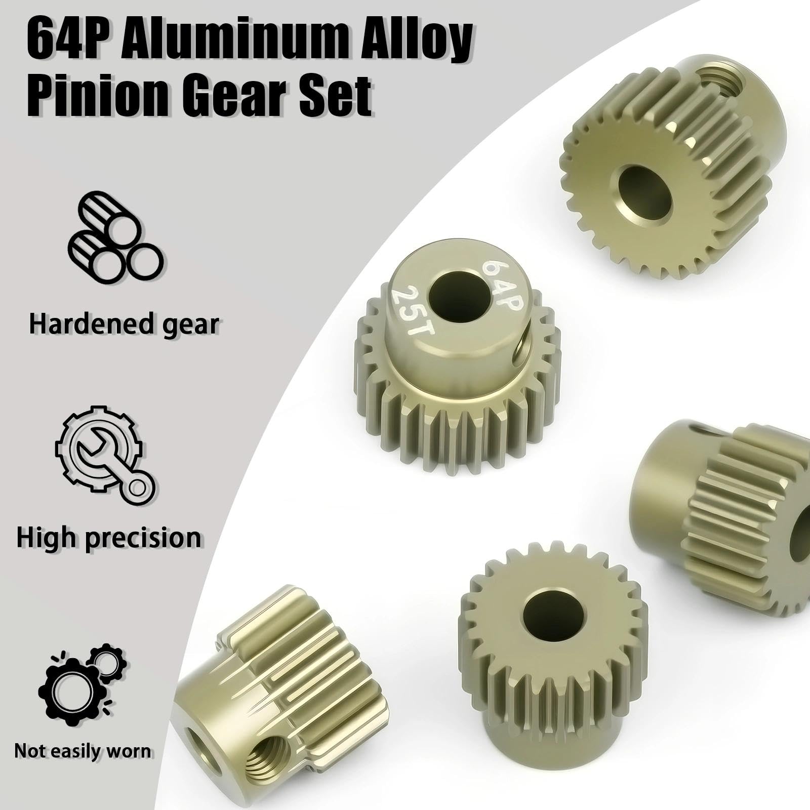 RcThjia 5-Piece 64P Aluminum Pinion Gear Set 21T-25T for 1/10 RC Cars – 3.175mm Shaft, Includes M4 Screws and Hex Key