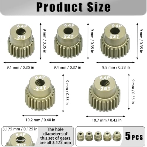 RcThjia 5-Piece 64P Aluminum Pinion Gear Set 21T-25T for 1/10 RC Cars – 3.175mm Shaft, Includes M4 Screws and Hex Key