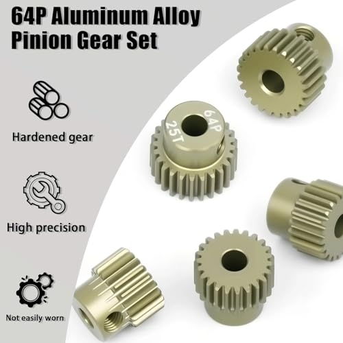 RcThjia 5-Piece 64P Aluminum Pinion Gear Set 21T-25T for 1/10 RC Cars – 3.175mm Shaft, Includes M4 Screws and Hex Key