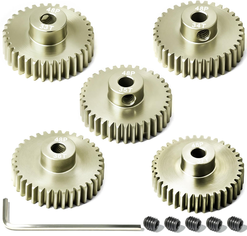 RcThjia 5Pcs 48P Aluminum Alloy Pinion Gear Set 3.175mm 33T-37T for 1/10 RC Cars, with M4 Screw and Hex Key
