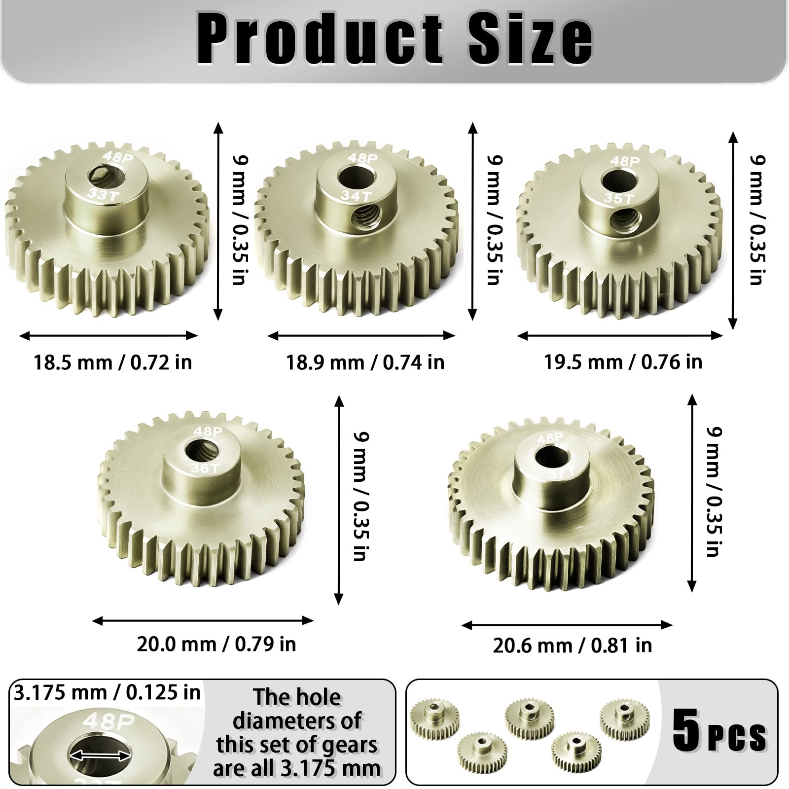 RcThjia 5Pcs 48P Aluminum Alloy Pinion Gear Set 3.175mm 33T-37T for 1/10 RC Cars, with M4 Screw and Hex Key