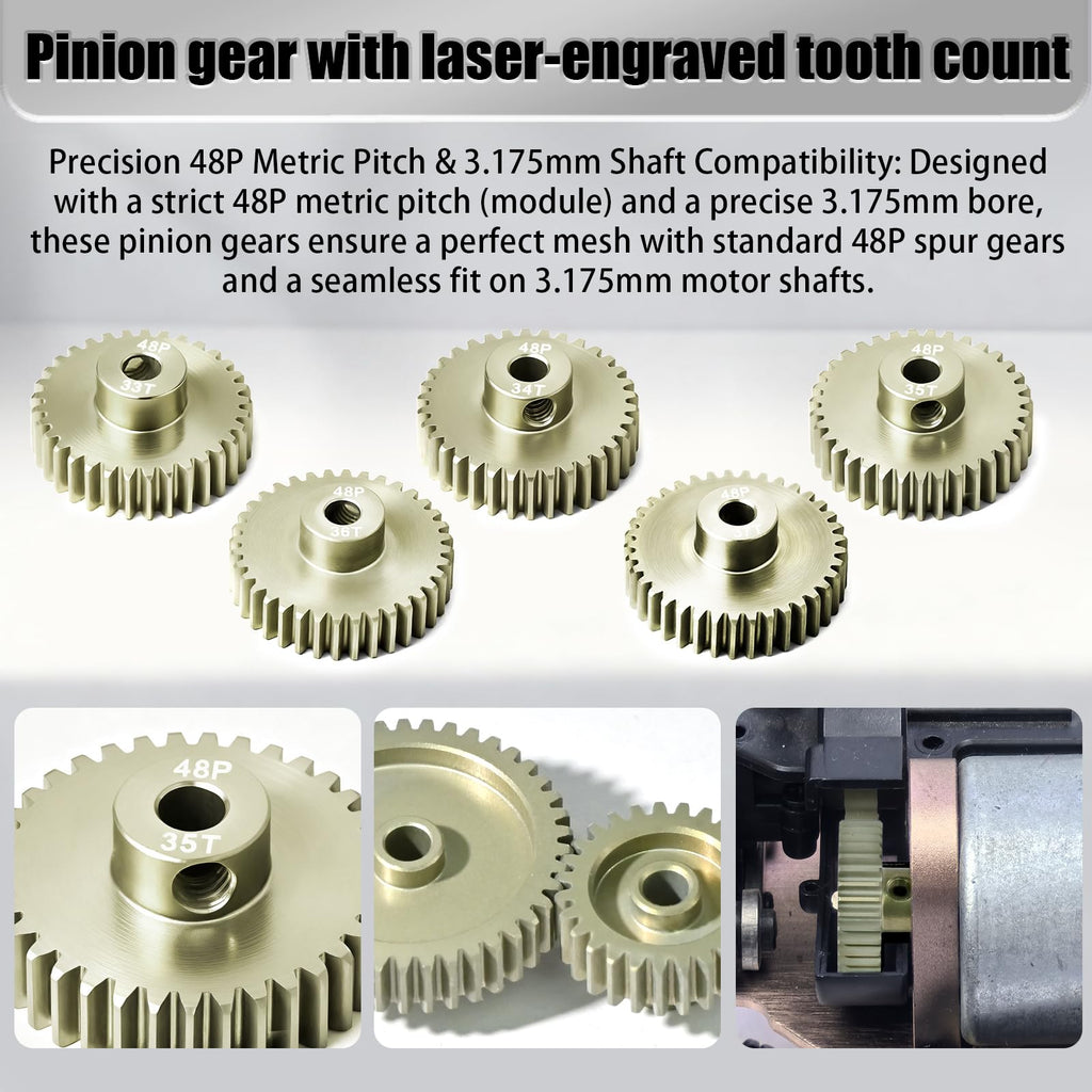 RcThjia 5Pcs 48P Aluminum Alloy Pinion Gear Set 3.175mm 33T-37T for 1/10 RC Cars, with M4 Screw and Hex Key