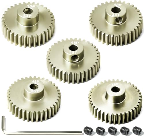 RcThjia 5Pcs 48P Aluminum Alloy Pinion Gear Set 3.175mm 33T-37T for 1/10 RC Cars, with M4 Screw and Hex Key