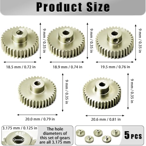 RcThjia 5Pcs 48P Aluminum Alloy Pinion Gear Set 3.175mm 33T-37T for 1/10 RC Cars, with M4 Screw and Hex Key