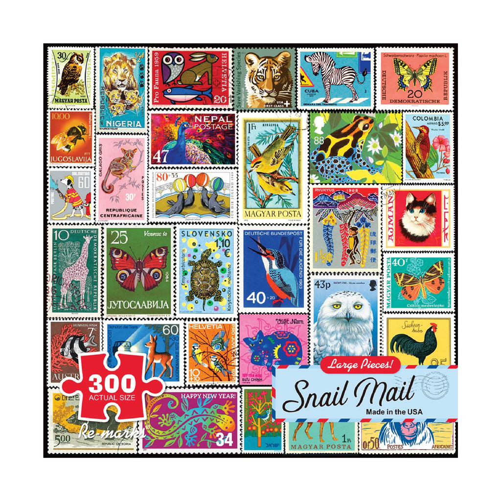 Re-Marks Snail Mail Postage-Stamp Collage Puzzle – 300-Piece Jigsaw Featuring Vintage Animal Stamps
