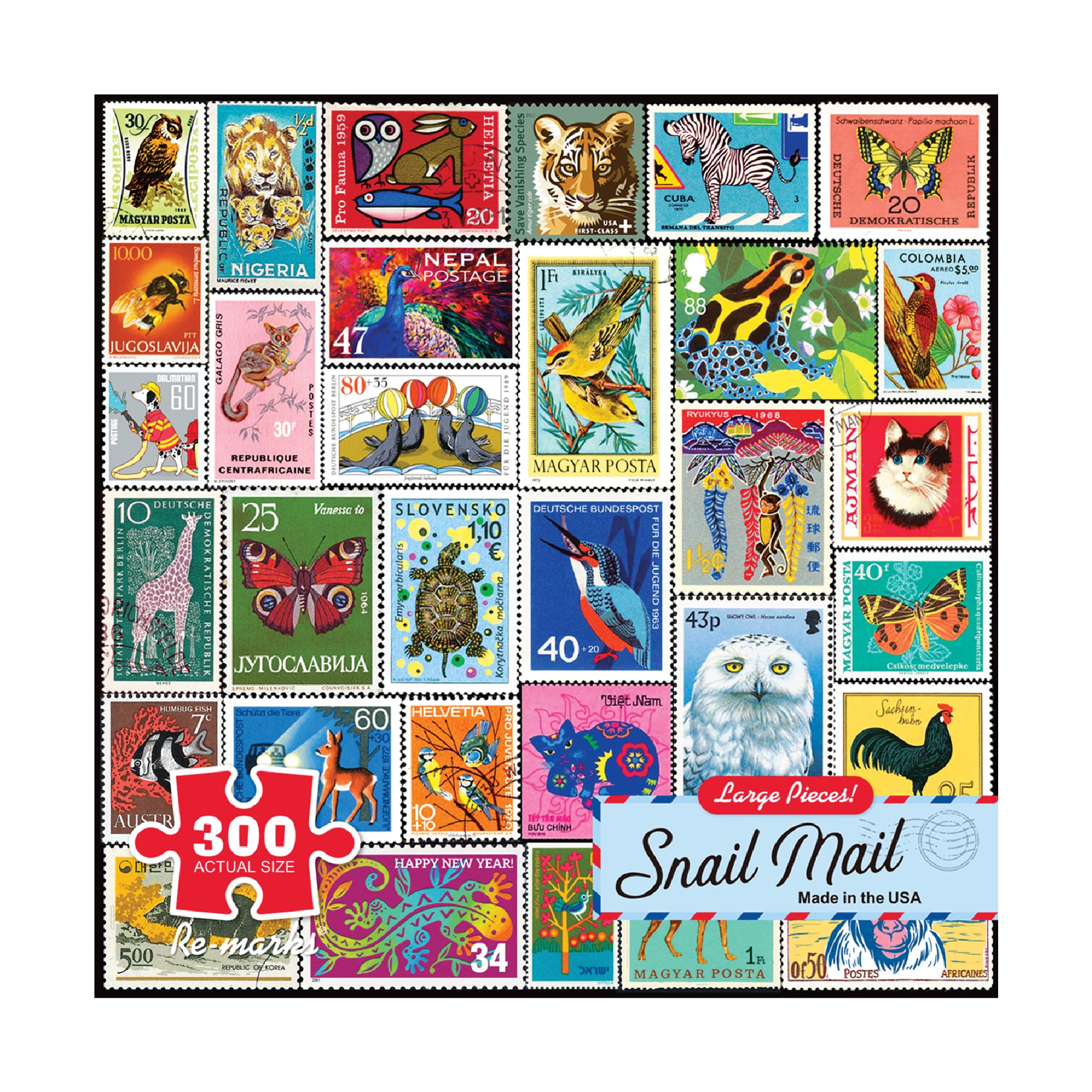Re-Marks Snail Mail Postage-Stamp Collage Puzzle – 300-Piece Jigsaw Featuring Vintage Animal Stamps