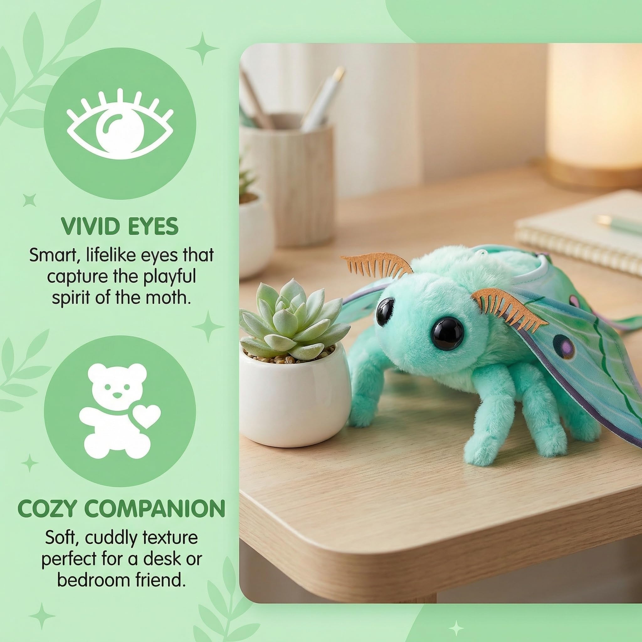 Realistic Luna Moth Plush Toy - Soft 7.5 Inch Stuffed Animal Keychain, Cute Green Moth Plushie