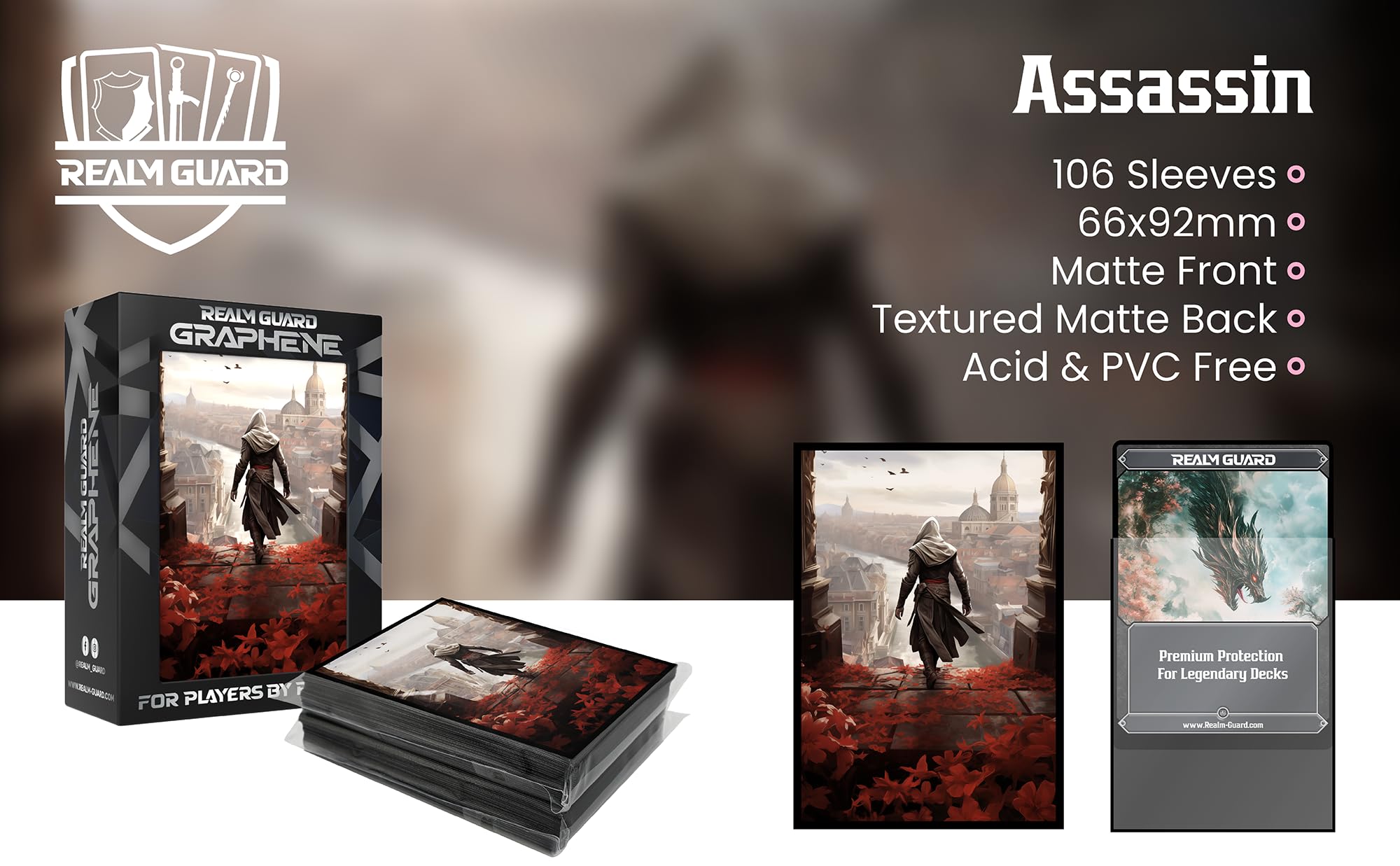 Realm Guard Graphene TCG Sleeves – 105 Textured Matte Art Sleeves (Assassin)