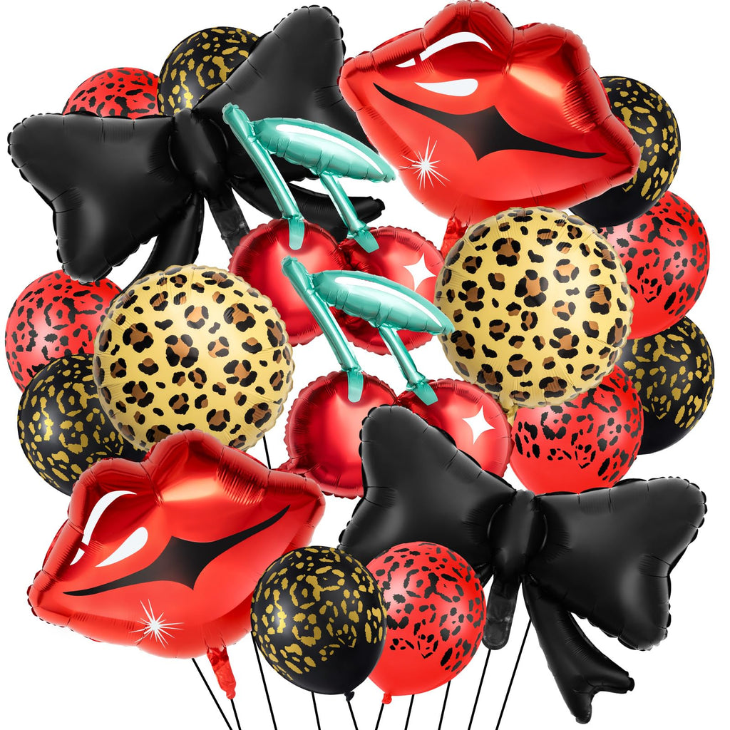 Realspring 18-Piece Cheetah Print Balloon Party Kit – Red & Black Foil Balloons with Lips, Bows, Cherries