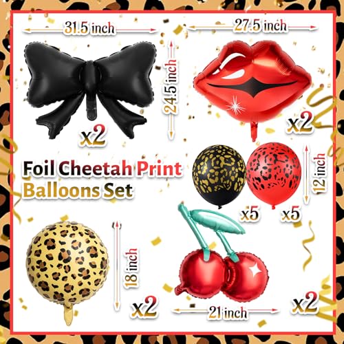 Realspring 18-Piece Cheetah Print Balloon Party Kit – Red & Black Foil Balloons with Lips, Bows, Cherries