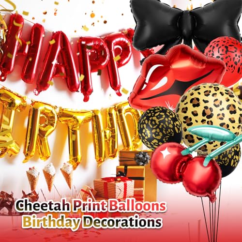 Realspring 18-Piece Cheetah Print Balloon Party Kit – Red & Black Foil Balloons with Lips, Bows, Cherries