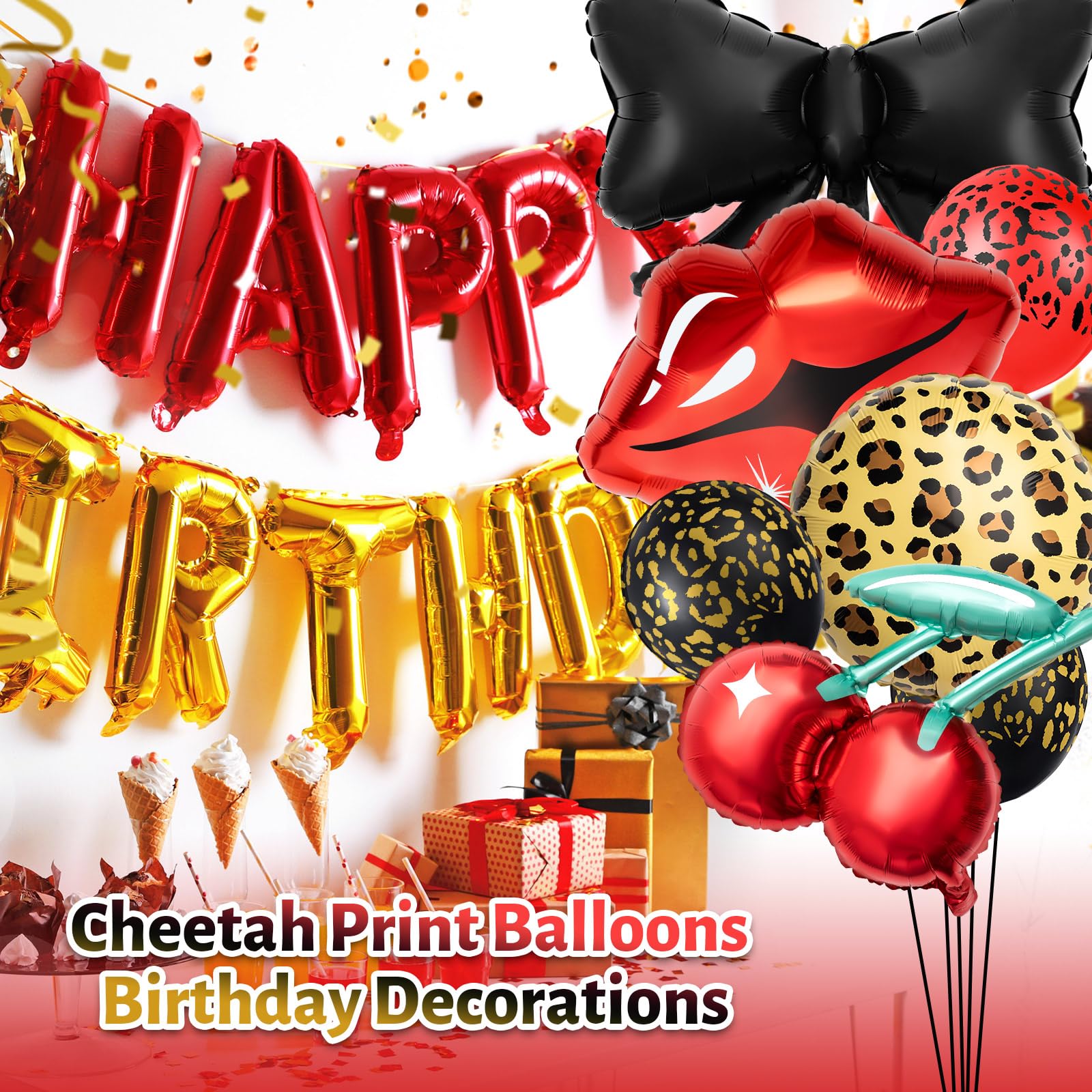 Realspring 18-Piece Cheetah Print Balloon Party Kit – Red & Black Foil Balloons with Lips, Bows, Cherries