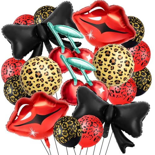 Realspring 18-Piece Cheetah Print Balloon Party Kit – Red & Black Foil Balloons with Lips, Bows, Cherries