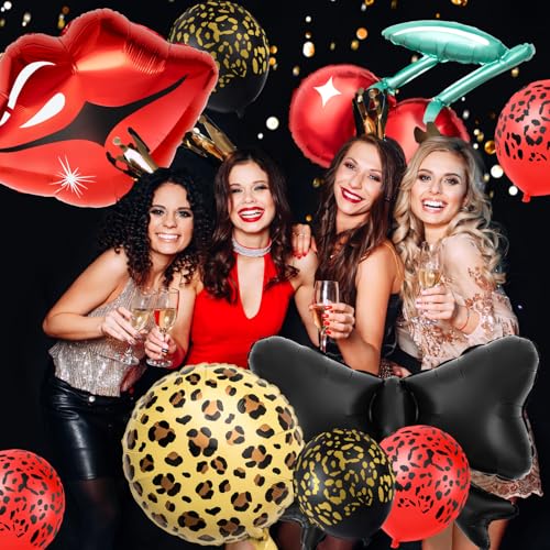Realspring 18-Piece Cheetah Print Balloon Party Kit – Red & Black Foil Balloons with Lips, Bows, Cherries