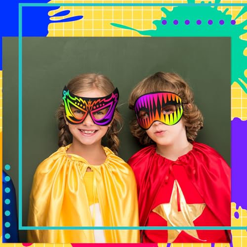 Realspring 60-Pack Hero Scratch Paper Masks – DIY Craft Kit with 12 Styles, Wooden Sticks & Elastic Ropes