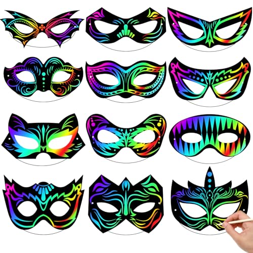 Realspring 60-Pack Hero Scratch Paper Masks – DIY Craft Kit with 12 Styles, Wooden Sticks & Elastic Ropes