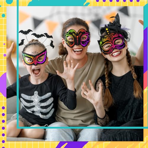 Realspring 60-Pack Hero Scratch Paper Masks – DIY Craft Kit with 12 Styles, Wooden Sticks & Elastic Ropes