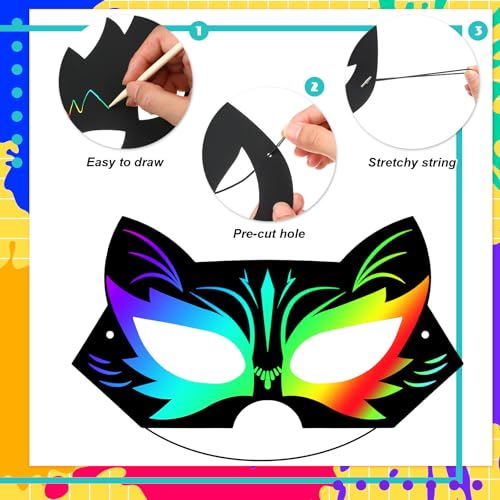 Realspring 60-Pack Hero Scratch Paper Masks – DIY Craft Kit with 12 Styles, Wooden Sticks & Elastic Ropes